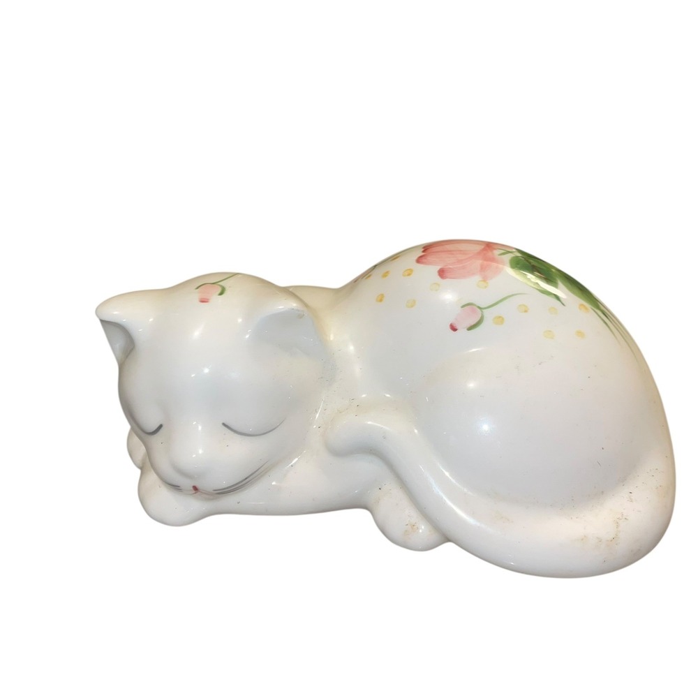 Vintage Lasting Products USA Ceramic Sleeping Cat Figurine w/ Hand Painted Roses